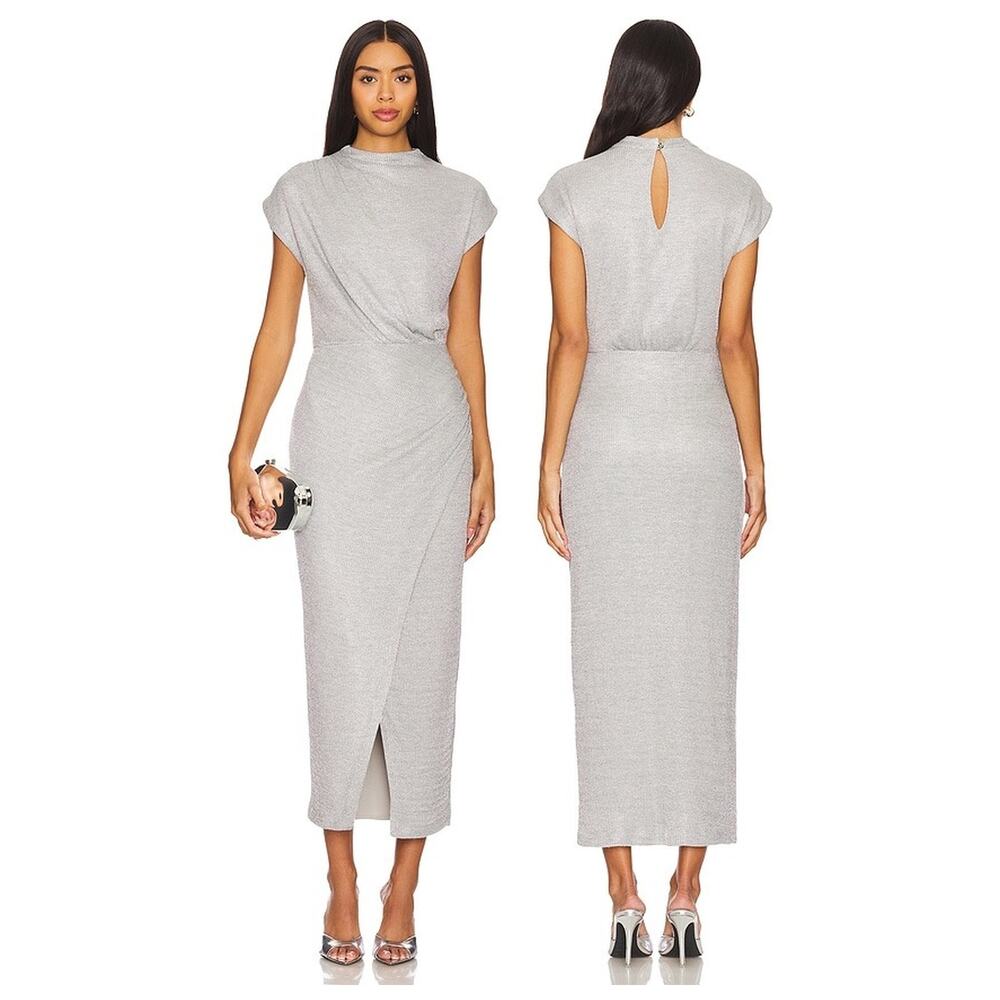 Saylor Astrid Dress Metallic Knit Midi Draped Party Office Work Minimal Fall XS